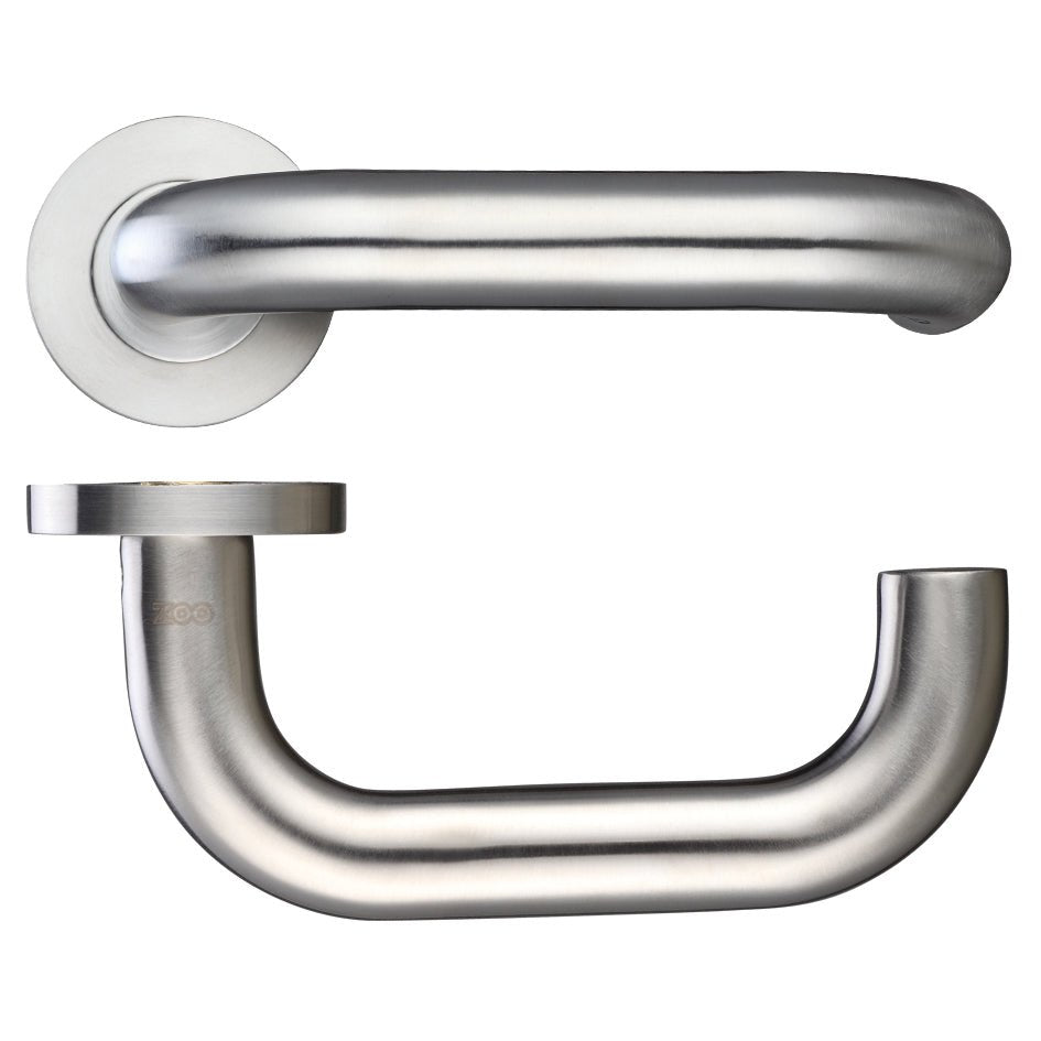 Zoo Hardware 22mm Return to Door Lever on Round Rose in a brushed stainless steel finish, featuring a modern curved design for door installation.