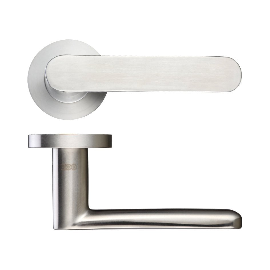 Zoo Hardware Atlas Lever on Round Rose in brushed stainless steel, featuring a flat handle design and a circular rose, suitable for interior doors.