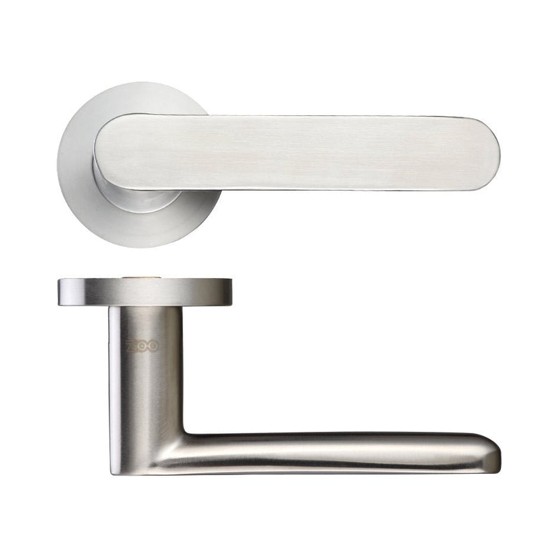 Zoo Hardware Atlas Lever on Round Rose in brushed stainless steel, featuring a flat handle design and a circular rose, suitable for interior doors.