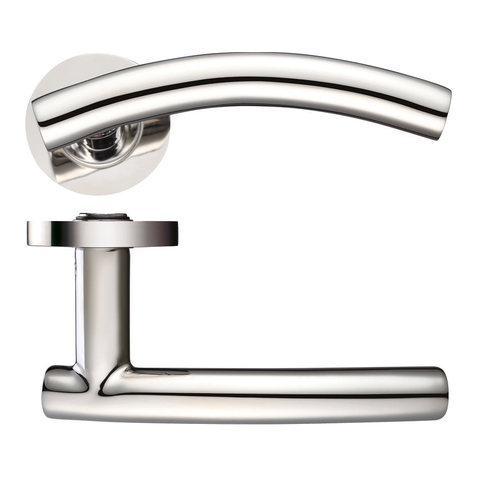 Zoo Hardware Arched "T-Bar" Lever on round rose in a polished chrome finish, showcasing a curved lever design with a round base plate for secure mounting.