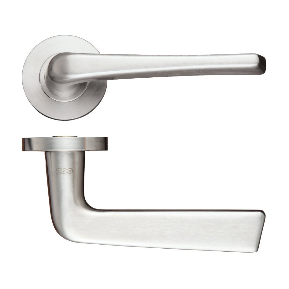 Zoo Hardware Stainless Steel Lever - Push on Rose - Grade 304, showcasing a sleek design with a smooth finish and a cylindrical rose plate. The lever handle features a modern, minimalist shape suitable for various door styles.