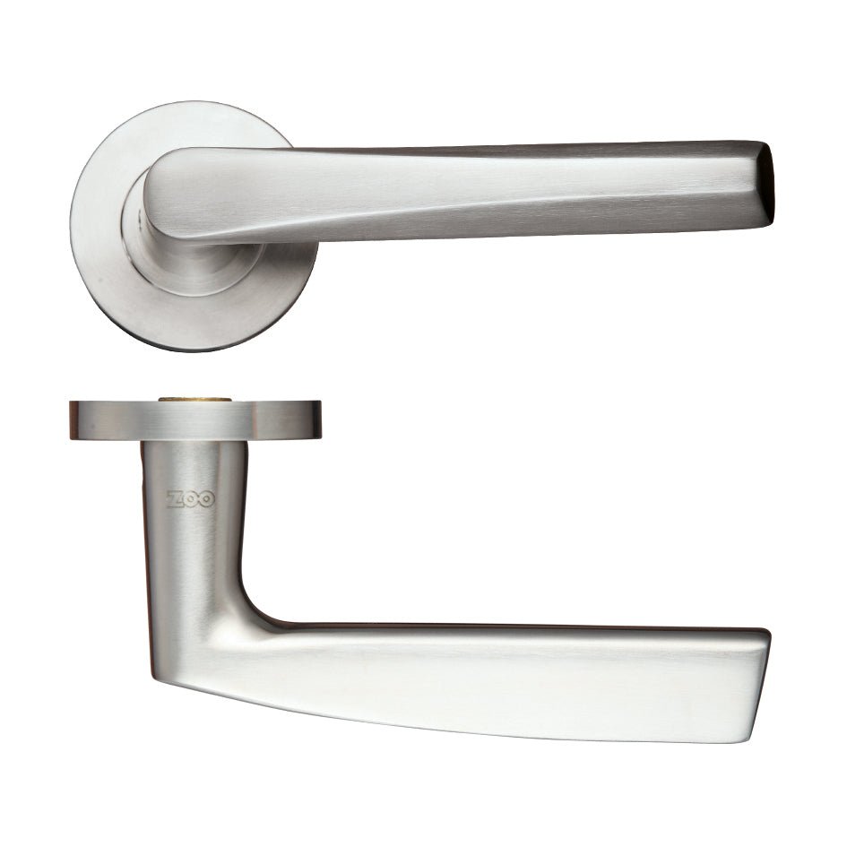Zoo Hardware Stainless Steel Lever - Push on Rose - Grade 316 featuring a sleek handle design and a circular rose in a brushed metal finish, made of durable stainless steel for enhanced resistance.