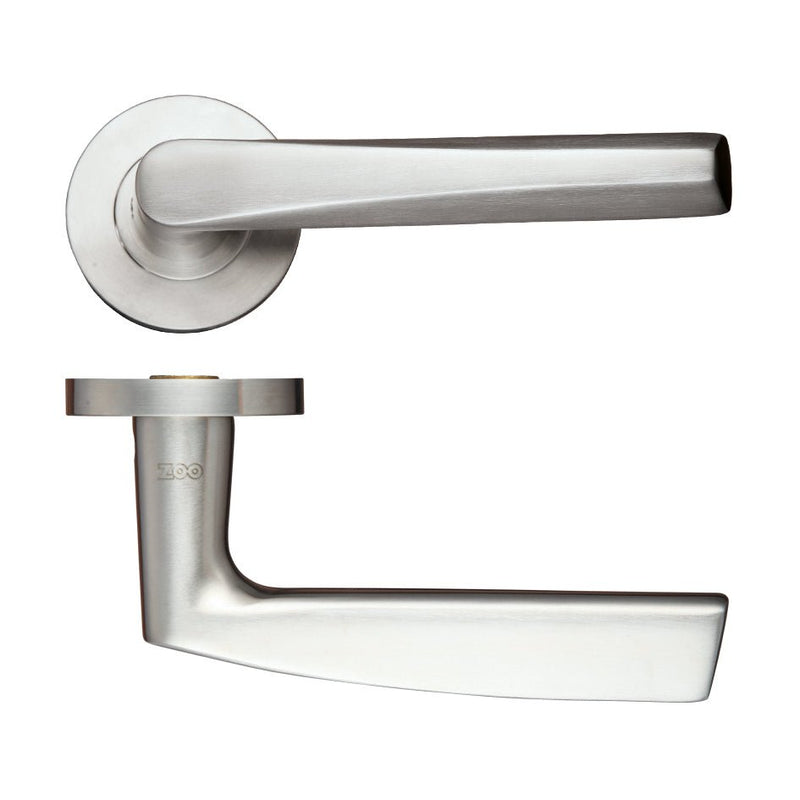 Zoo Hardware Stainless Steel Lever - Push on Rose - Grade 316 featuring a sleek handle design and a circular rose in a brushed metal finish, made of durable stainless steel for enhanced resistance.