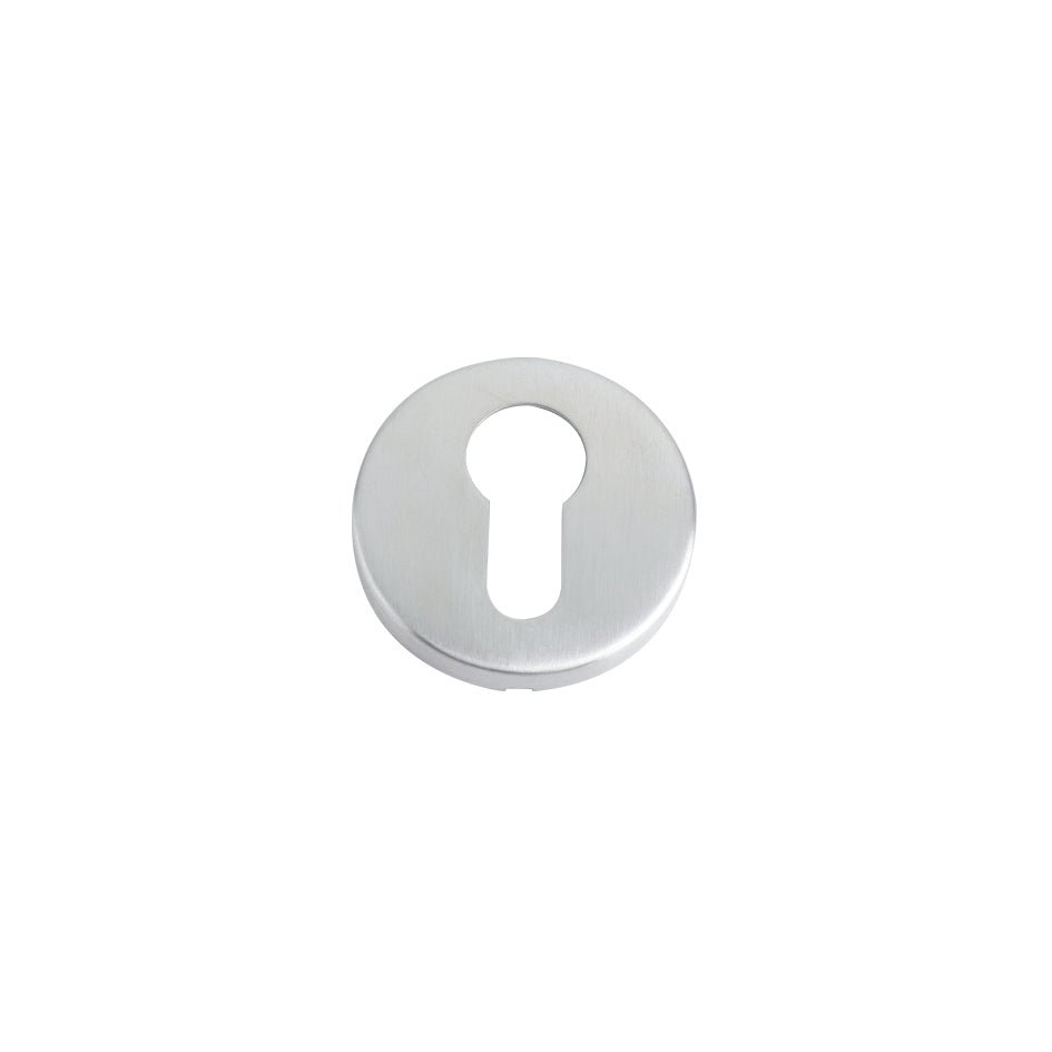Zoo Hardware Euro Profile Escutcheon measuring 52mm in diameter, made of Grade 201 stainless steel, featuring a circular design with a keyhole cutout. The surface has a brushed finish.