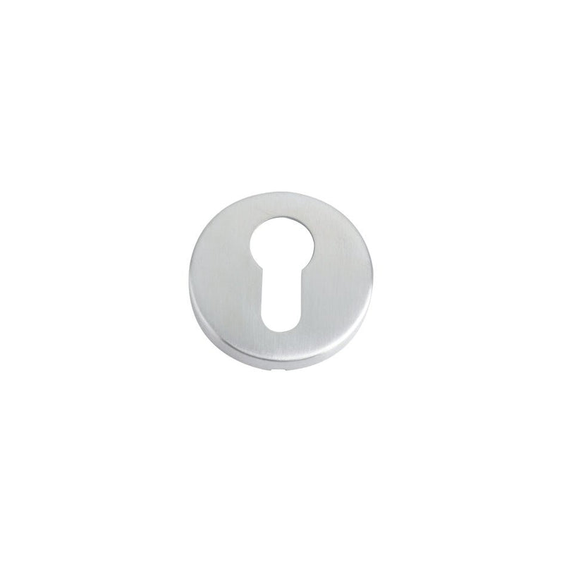 Zoo Hardware Euro Profile Escutcheon measuring 52mm in diameter, made of Grade 201 stainless steel, featuring a circular design with a keyhole cutout. The surface has a brushed finish.