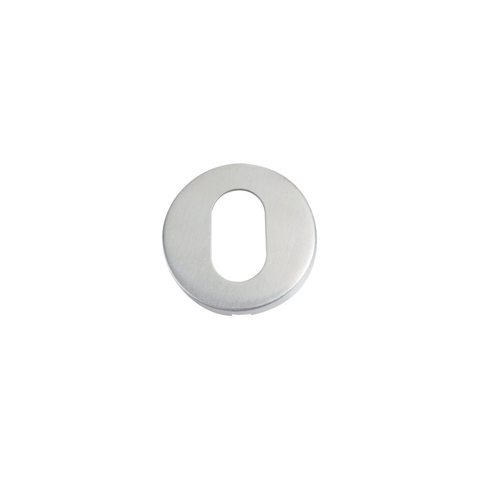 Zoo Hardware Oval Profile Escutcheon measuring 52mm in diameter, made of grade 201 stainless steel with a smooth, polished surface and an oval cutout in the center.