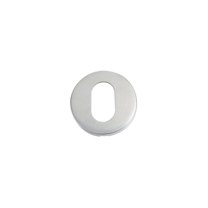 Zoo Hardware Oval Profile Escutcheon measuring 52mm in diameter, made of grade 201 stainless steel with a smooth, polished surface and an oval cutout in the center.
