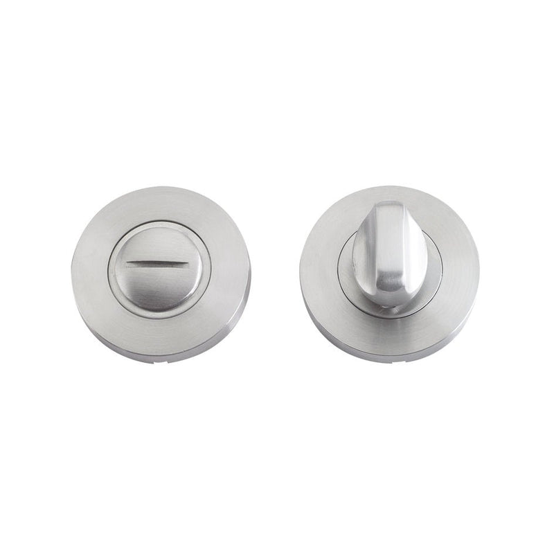 Zoo Hardware Thumb Turn and Release Complete with Escutcheons & 5mm Spindle - Grade 201 in satin stainless steel, featuring circular plates with a turn knob and a release slot for easy operation.