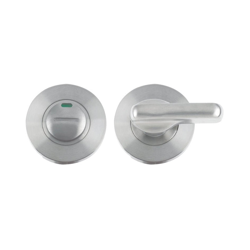 Zoo Hardware Disabled Turn and Release with Indicator, complete with escutcheons and 5mm spindle in stainless steel finish, features a round design with a green indicator on the turn dial and a sleek lever handle.