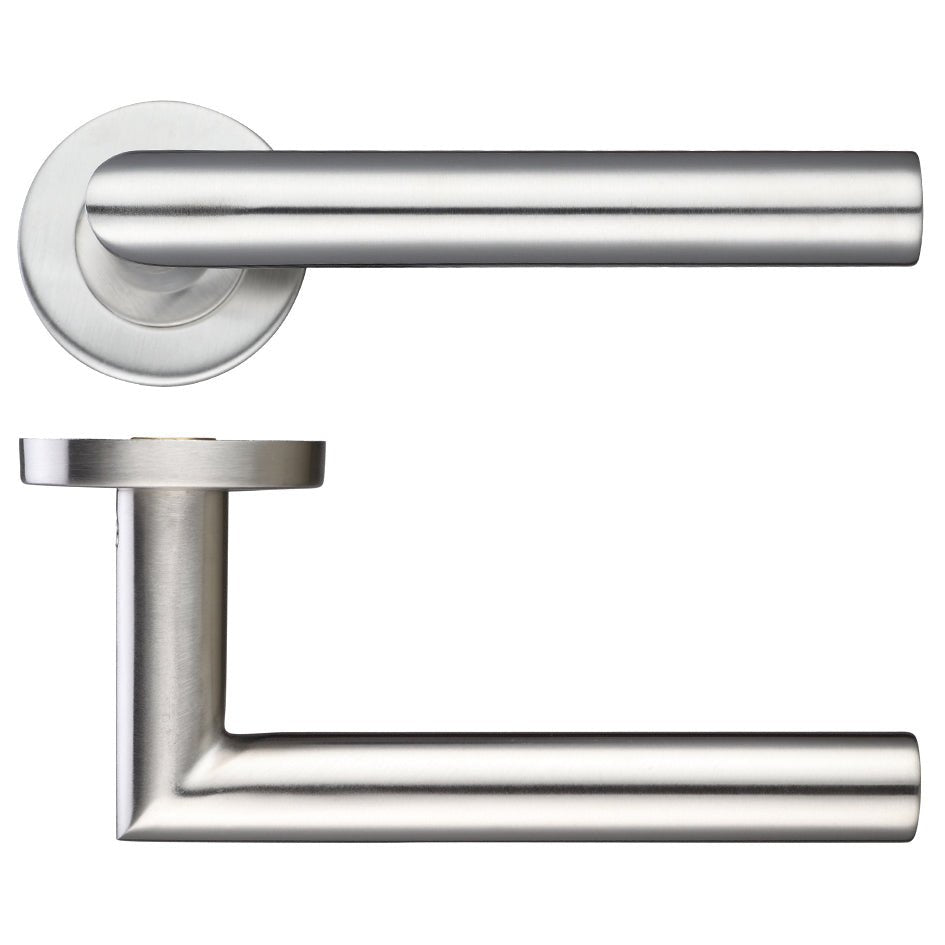 Zoo Hardware 19mm Mitred Lever - Push On Rose in a brushed stainless steel finish, featuring a 52mm diameter rose and a modern lever design.