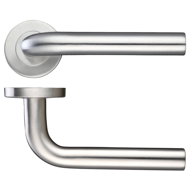 Zoo Hardware 19mm Radius Lever in brushed stainless steel with a push-on rose, featuring a diameter of 52mm. The design includes a curved lever and a matching round rose plate.