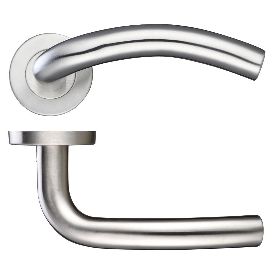 Zoo Hardware 19mm Arched Lever in a sleek stainless steel finish, designed for a push-on rose with a 52mm diameter, made of Grade 201 material, featuring a contemporary arched design for door applications.