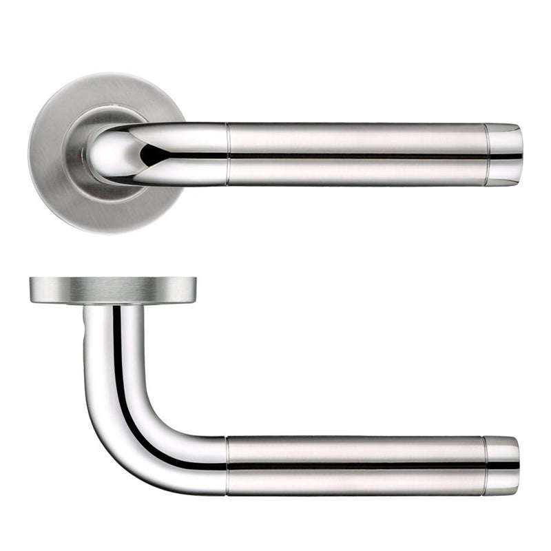 Zoo Hardware 19mm Radius Dual Finish Lever in a chrome finish, featuring a push-on rose with a diameter of 52mm, made of Grade 201 stainless steel, noted for its sleek, modern design.