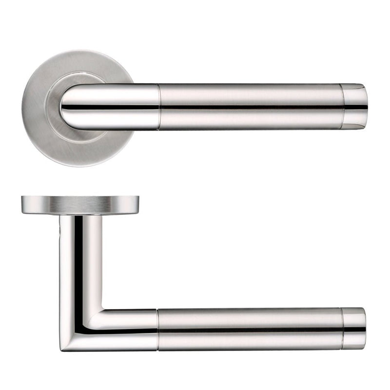 Zoo Hardware 19mm Mitred Dual Finish Lever in a sleek stainless steel finish, featuring a push-on rose with a 52mm diameter, made from Grade 201 material, shown from two angles for visual reference.
