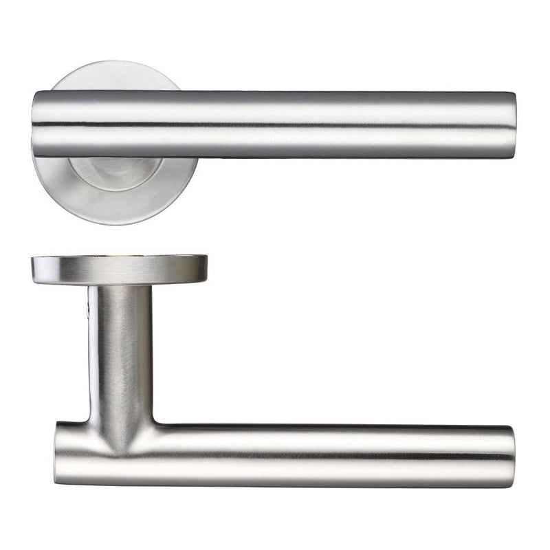 Zoo Hardware 19mm Straight T-Bar Lever in a brushed stainless steel finish with a push-on rose measuring 52mm in diameter. The lever features a sleek design, showcasing straight lines and a modern profile.