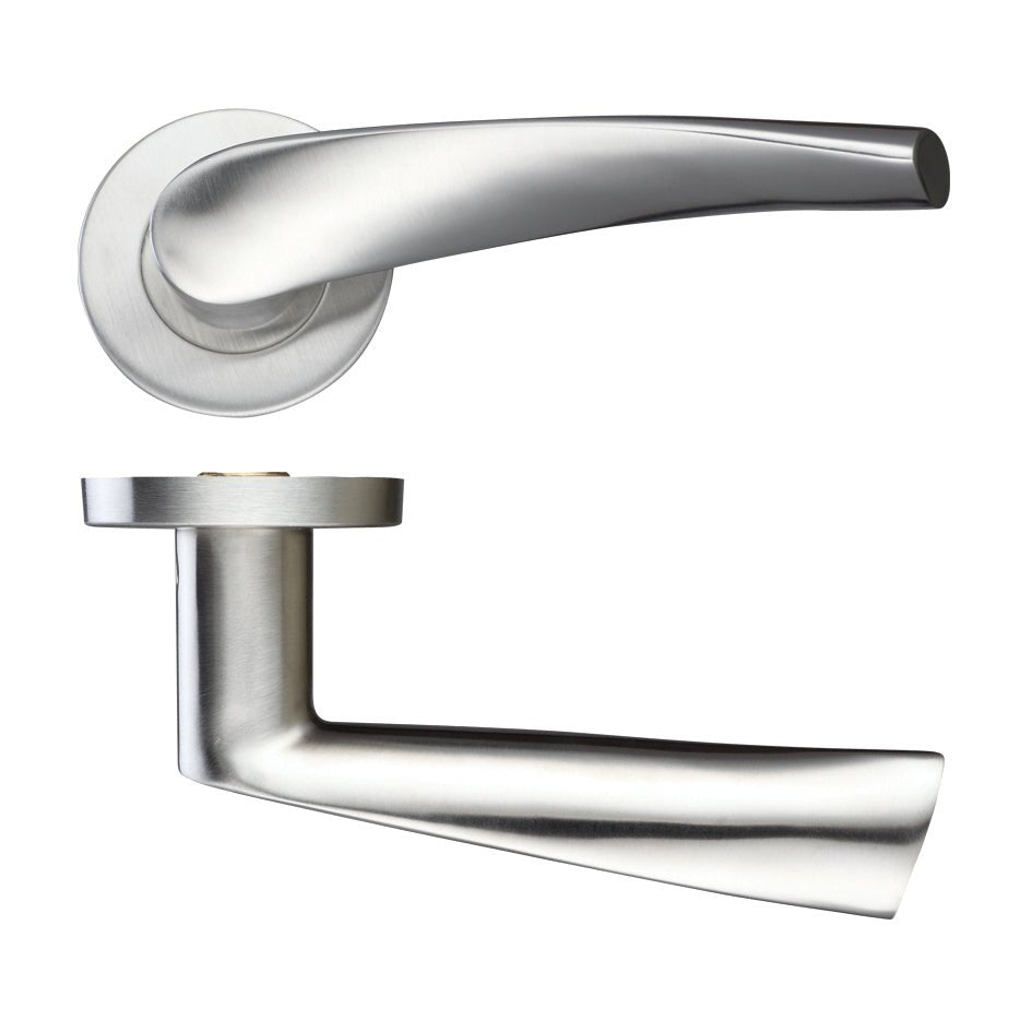 Zoo Hardware 19mm Curved Lever in stainless steel finish with a push-on rose, featuring a diameter of 52mm, crafted from Grade 201 material for durability.