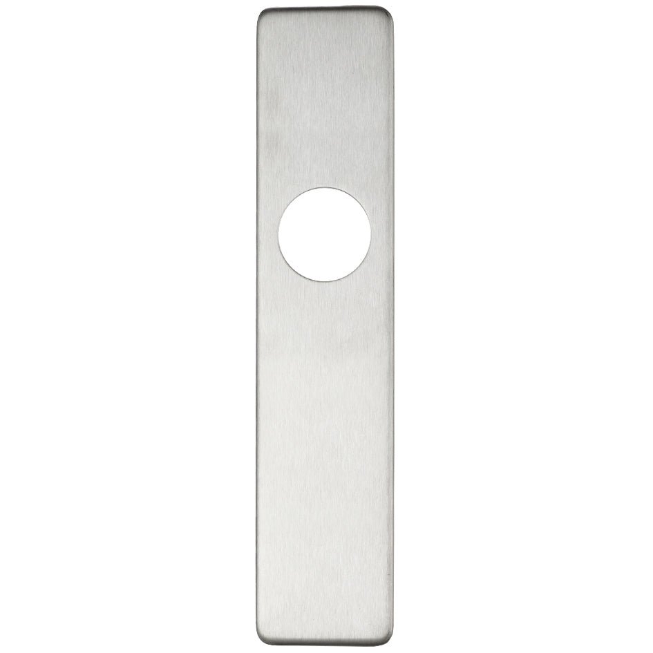 Zoo Hardware Cover Plate for 19mm and 22mm Return to Door Lever on Backplate in brushed stainless steel, featuring a narrow rectangular shape with a central circular hole.