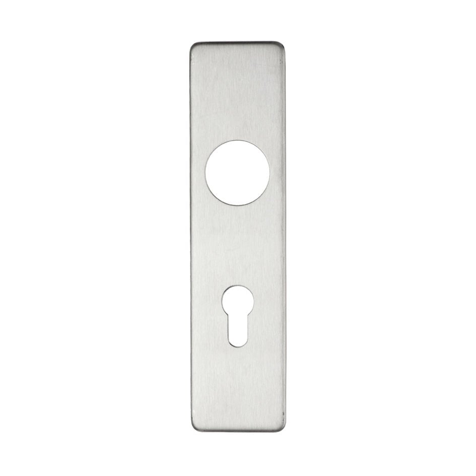 Zoo Hardware Cover Plate for 19mm Return to Door Lever on Short Backplate, measuring 45mm x 180mm, in a brushed stainless steel finish with a round hole for the lever and an oval keyhole.