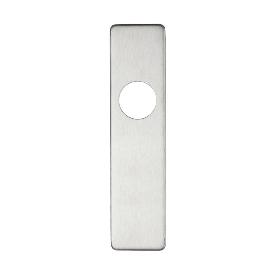 Zoo Hardware cover plate for 19mm return to door lever on short backplate, measuring 45mm x 180mm, with a brushed stainless steel finish and a central circular hole for latch installation.