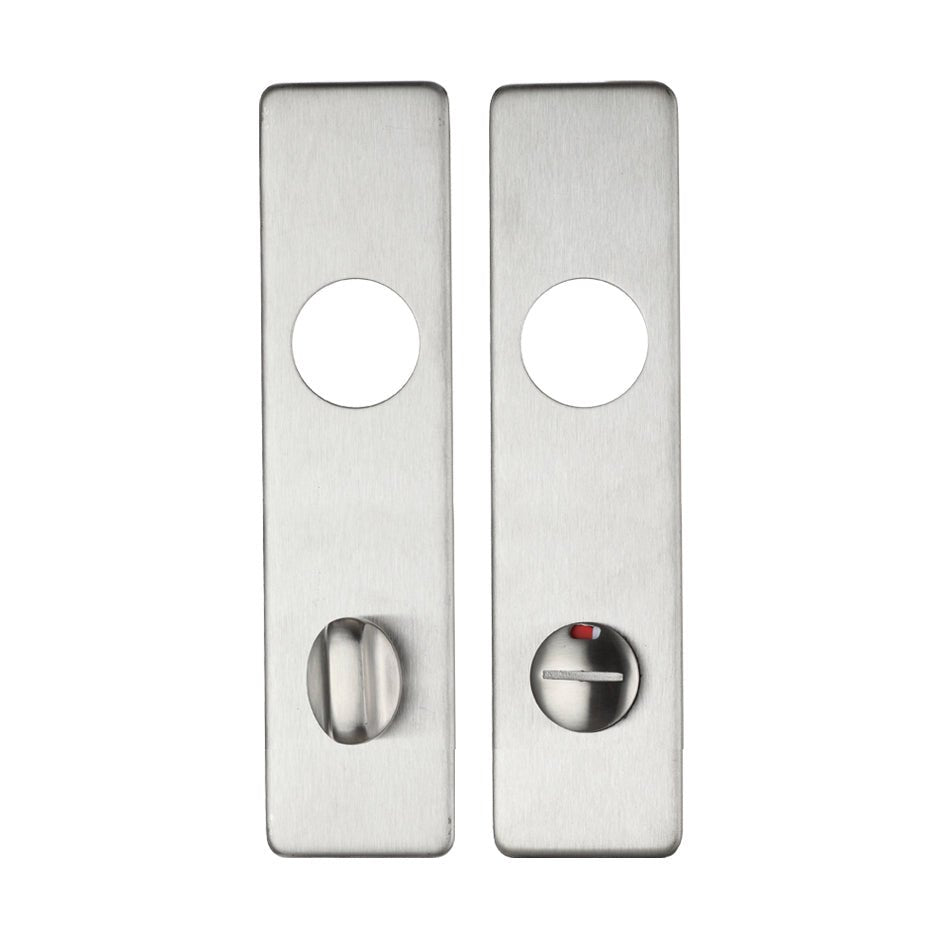 Zoo Hardware Cover Plate for 19mm Return to Door Lever on Short Backplate in stainless steel, measuring 45mm x 180mm, featuring two round cutouts and a keyhole design.