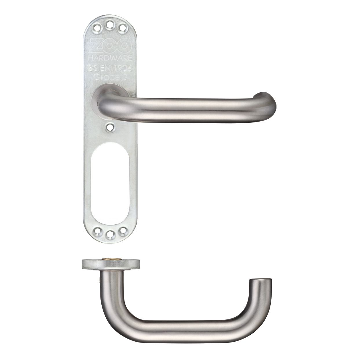 Zoo Hardware 19mm Tubular Return to Door Lever on Inner Plate in stainless steel finish, featuring a curved handle design mounted on an elongated backplate for door installation.