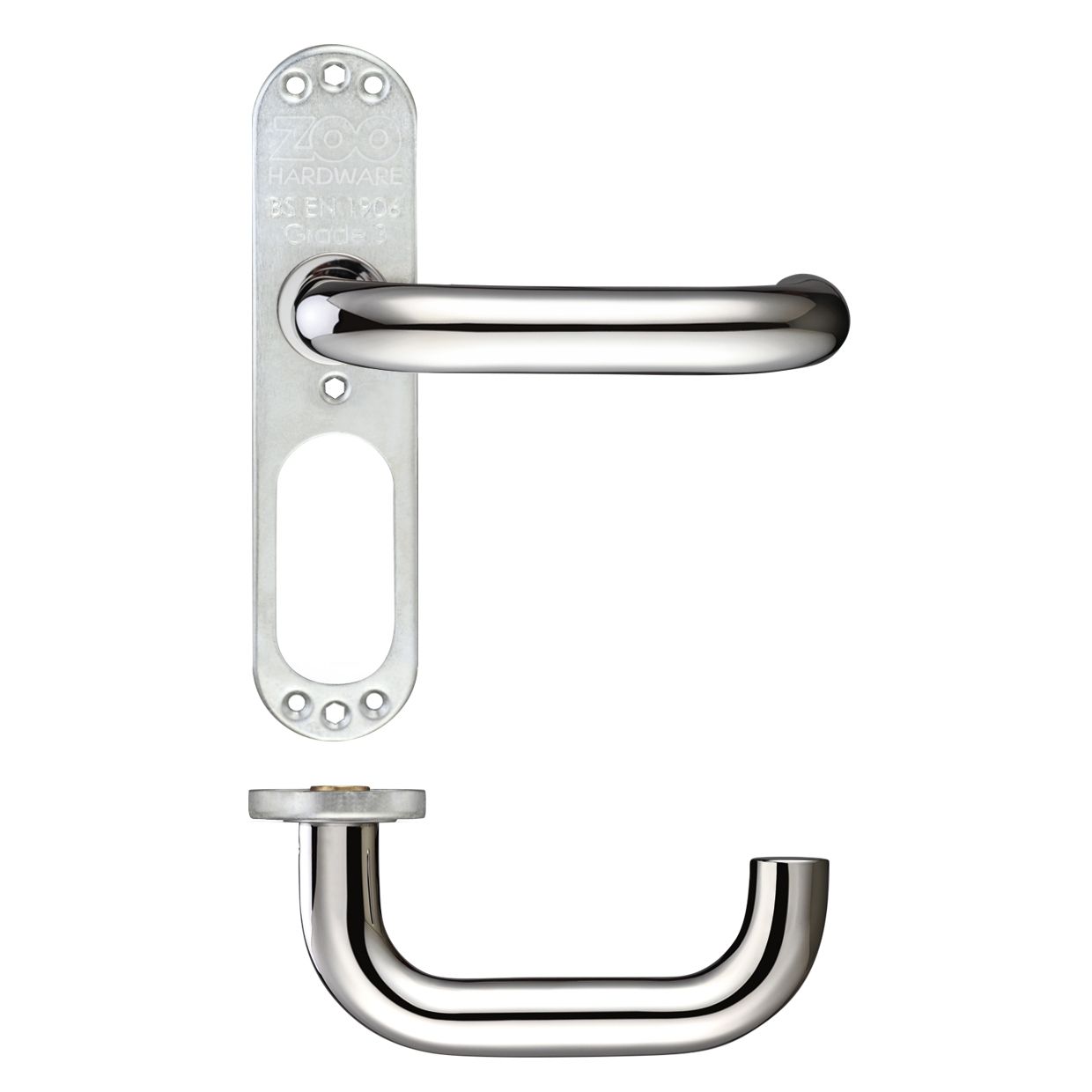 Zoo Hardware 19mm Tubular Return to Door Lever on Inner Plate in polished chrome finish, featuring a sleek, curved design with a matching backplate for easy mounting.