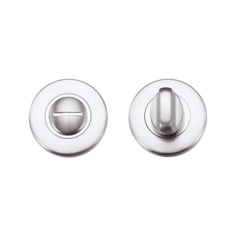 Zoo Hardware Turn and Release Complete with Escutcheons and 5mm Spindle, featuring a round design with a diameter of 52mm, finished in a polished metal look with a simple lever and slot mechanism.