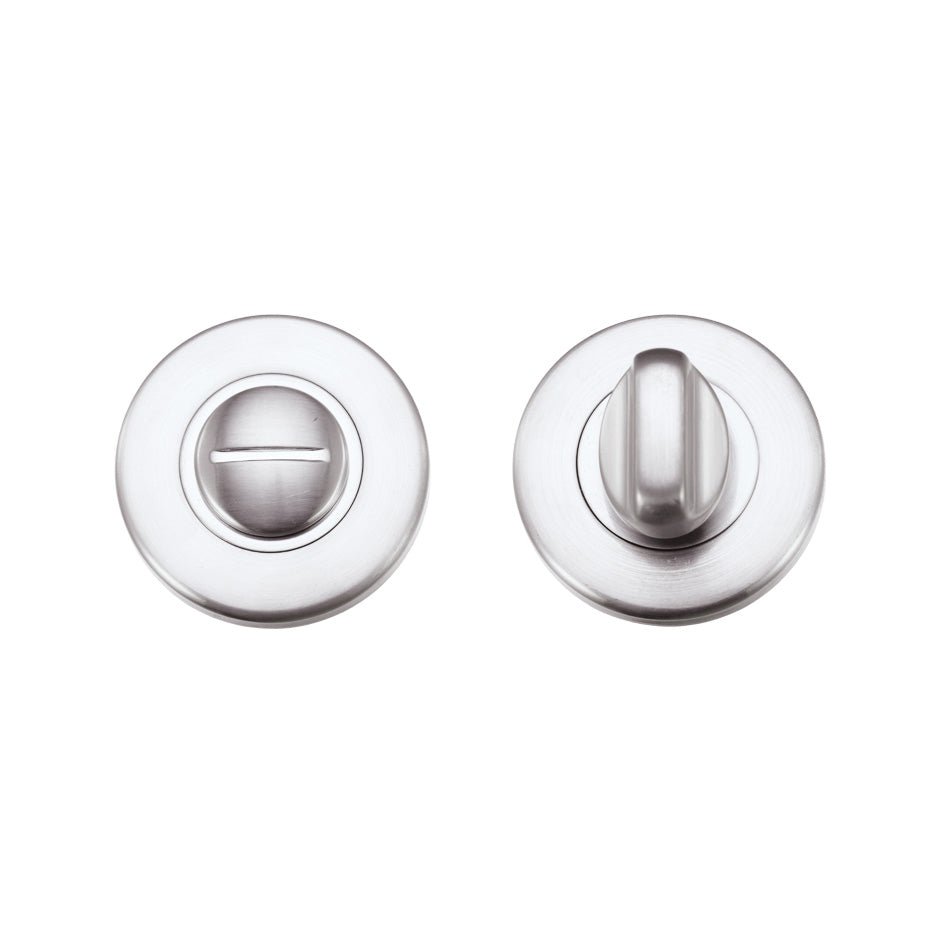 Zoo Hardware Turn and Release Complete with Escutcheons and 5mm Spindle, featuring a 52mm diameter. The product includes a privacy turn mechanism and a release button, both designed in a sleek chrome finish.