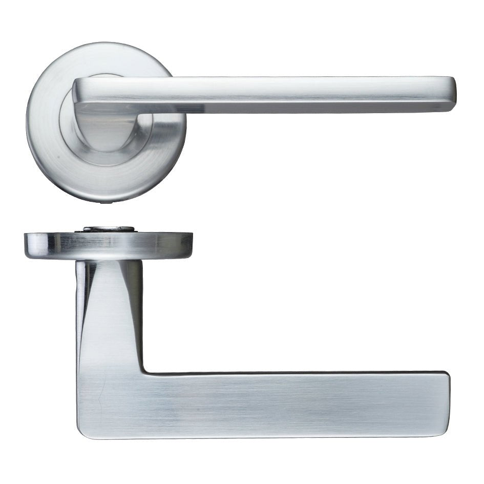 Zoo Hardware Leon Lever - Push On Rose in satin stainless steel finish, showcasing a sleek lever handle attached to a circular rose plate.