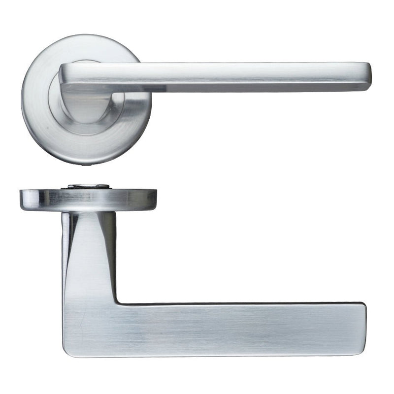 Zoo Hardware Leon Lever - Push On Rose in a brushed stainless steel finish, featuring a modern flat lever design mounted on a circular rose, suitable for interior doors.