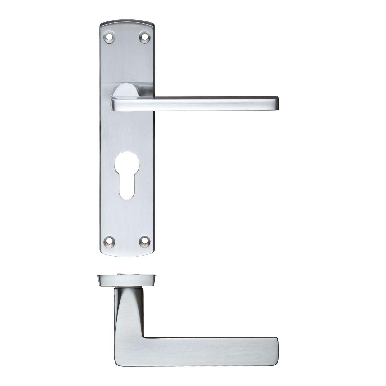 Zoo Hardware Leon Lever Euro Lock on backplate with 47.5mm centres, featuring a sleek silver finish and a modern lever handle design. The backplate includes a keyhole for secure locking.