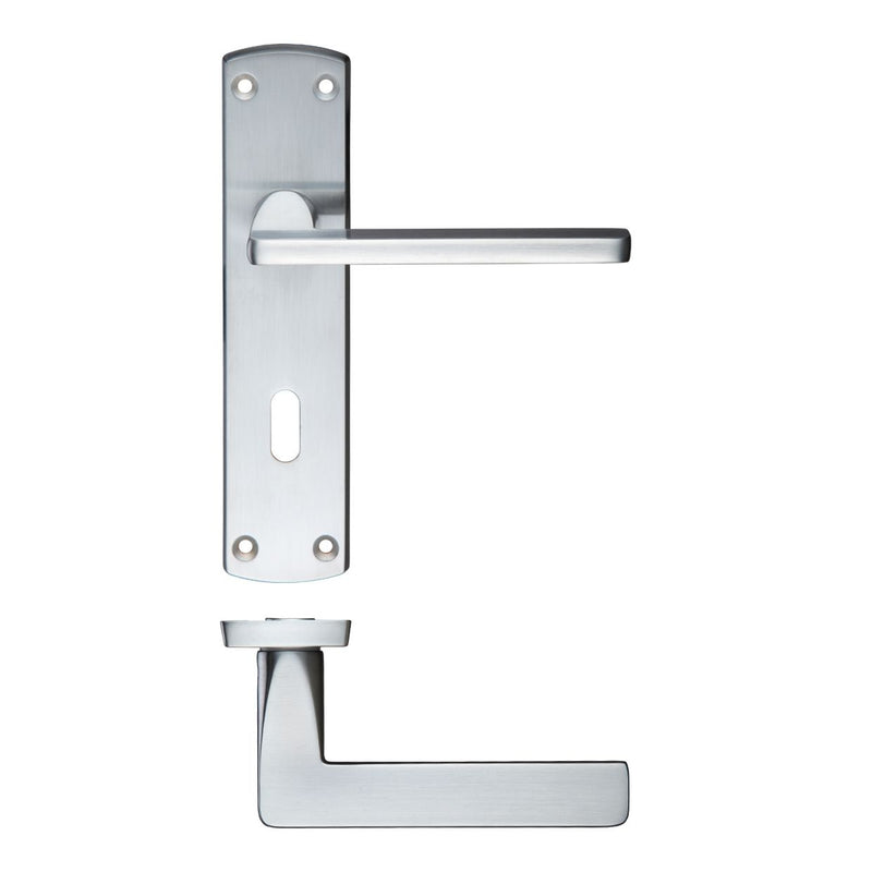 Zoo Hardware Leon Lever Lock on Backplate measuring 170mm x 40mm with 57mm centres, featuring a brushed stainless steel finish and a simple lever design.