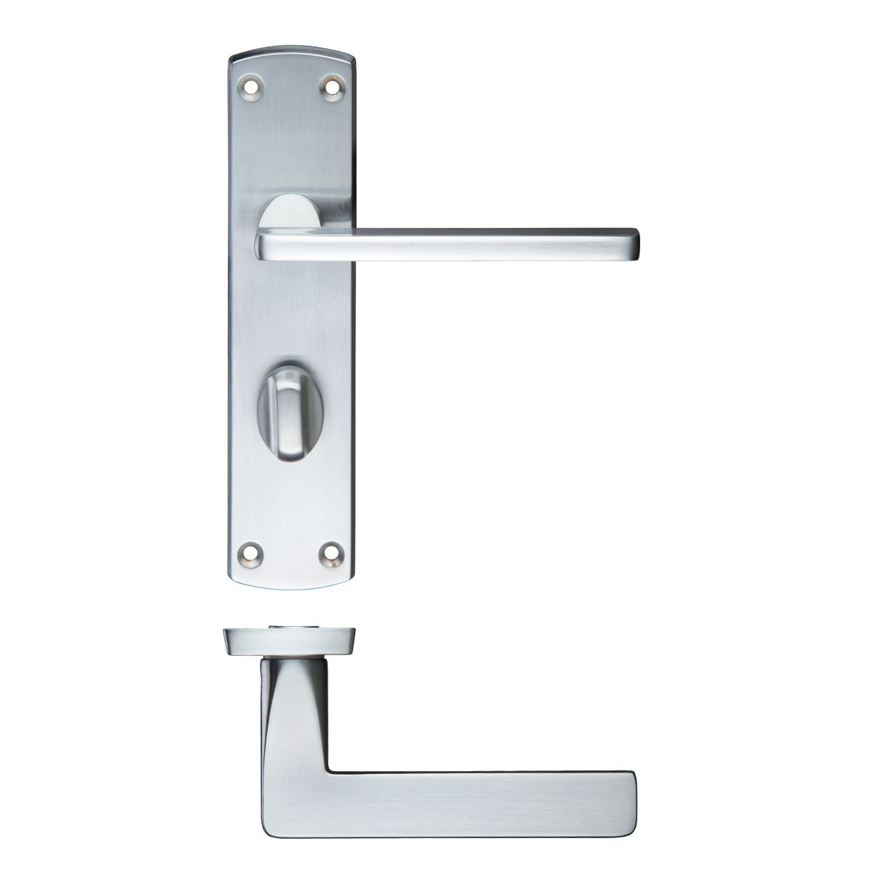 Zoo Hardware Leon lever on Bathroom Backplate in brushed stainless steel, featuring a horizontal handle and a keyhole, designed for secure door access.