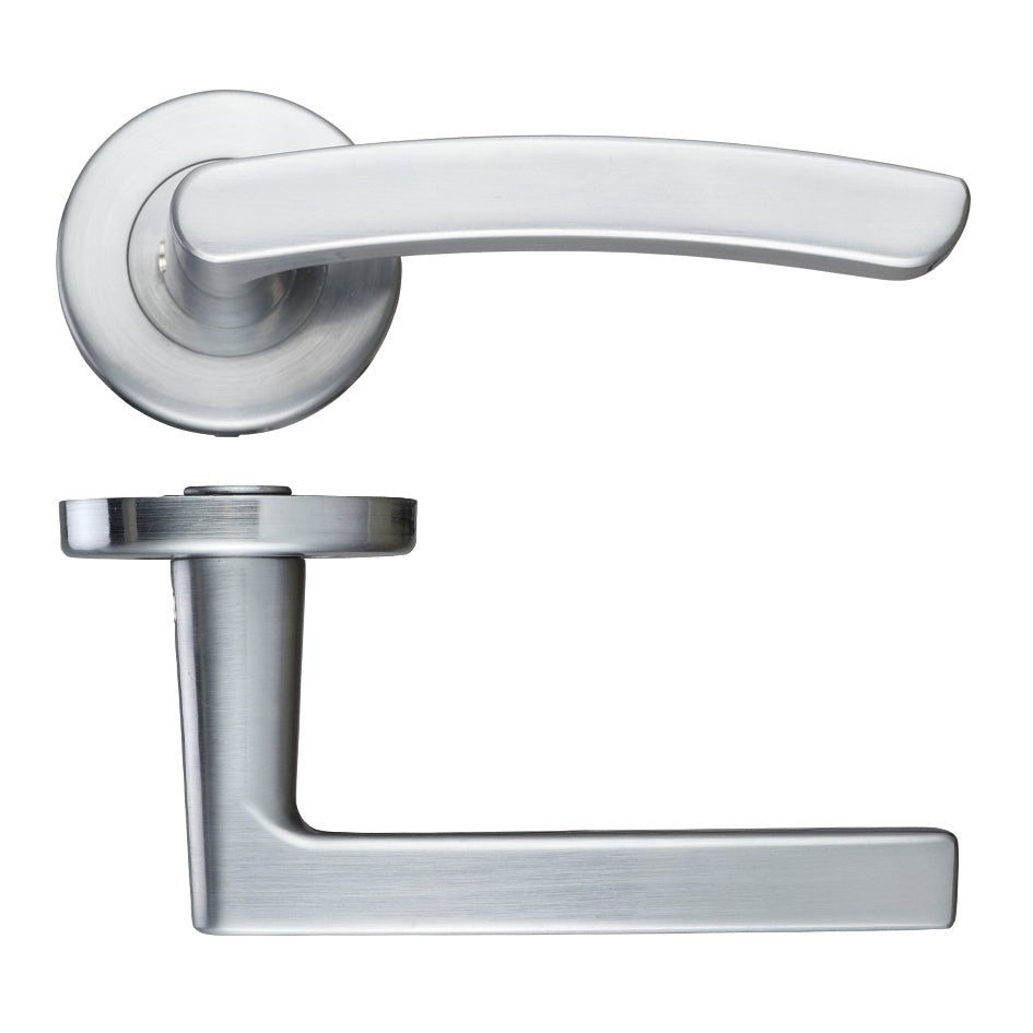 Zoo Hardware Santiago Lever - Push On Rose in a brushed stainless steel finish, featuring a curved lever handle and a round rose plate. The design offers a sleek and modern look for door hardware.