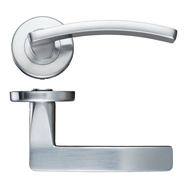 Zoo Hardware Toledo Lever - Push On Rose in a brushed stainless steel finish, featuring a curved lever handle and a sleek rectangular base design.