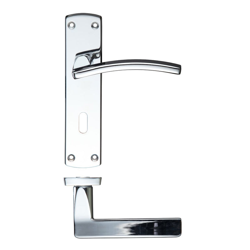 Zoo Hardware Toledo Lever Lock in a polished chrome finish, featuring a lever handle on a backplate measuring 170mm x 40mm with 57mm center distance.