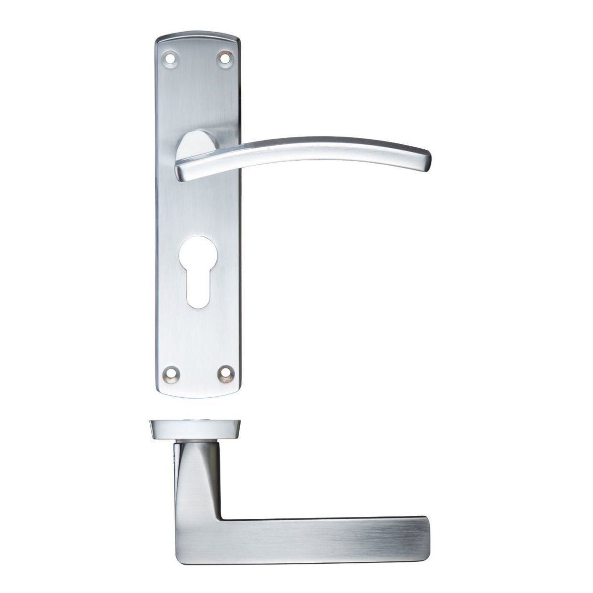 Zoo Hardware Toledo Lever Euro Lock with 47.5mm centres on a backplate measuring 170mm x 40mm, featuring a metallic finish with a curved lever handle and a rectangular lower handle.