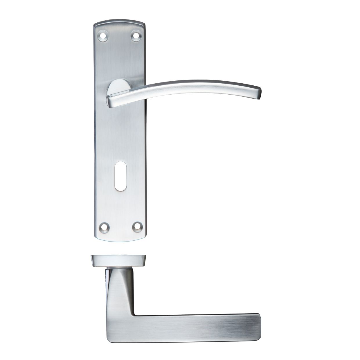 Zoo Hardware Toledo Lever Lock on a 170mm x 40mm backplate, featuring a sleek stainless steel finish with a curved lever handle and a square-shaped lower handle, designed for 57mm centres.