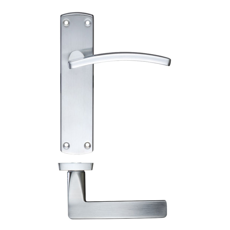 Zoo Hardware Toledo Lever Latch On Backplate measuring 170mm x 40mm, featuring a sleek, curved handle made of brushed stainless steel, mounted on a rectangular backplate with a matte finish.