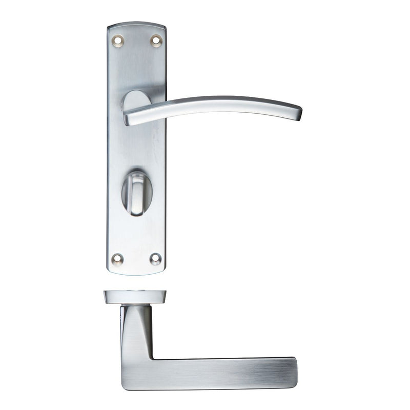 Zoo Hardware Toledo lever on bathroom backplate, featuring a sleek lever handle and a lock mechanism, made from stainless steel with a brushed finish.