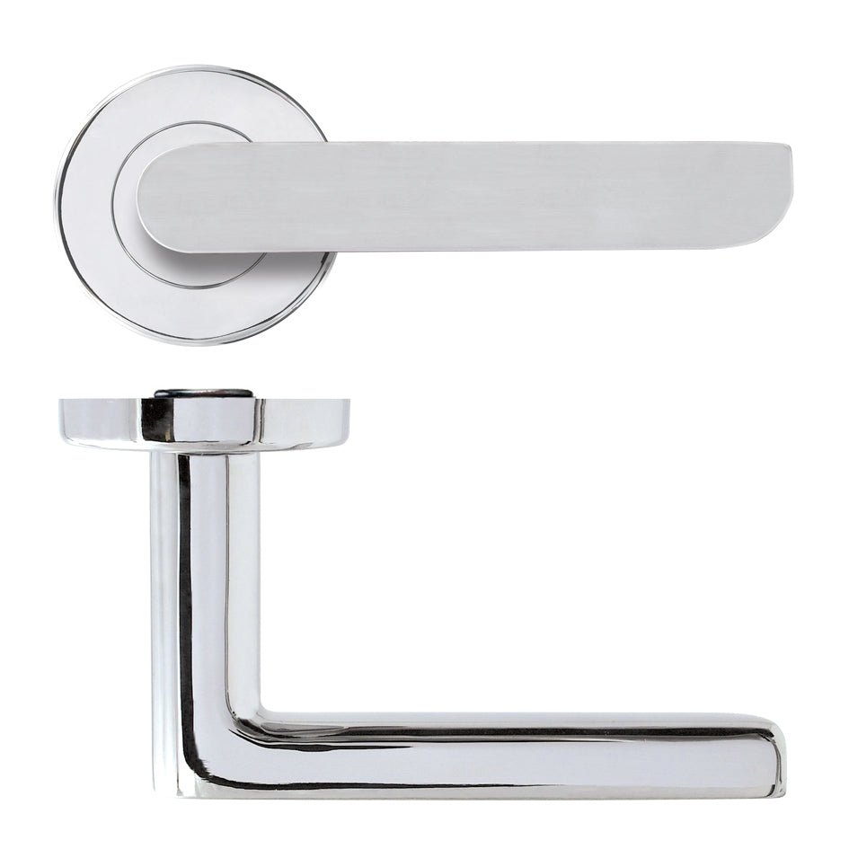 Zoo Hardware Valencia Lever - Push On Rose in a polished chrome finish, featuring a sleek lever design with a circular rose and straight lines.