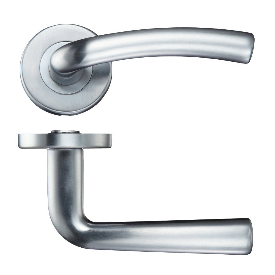 Zoo Hardware Seville Lever - Push On Rose with a sleek silver finish, featuring a curved lever design and a circular rose plate for easy door handling.