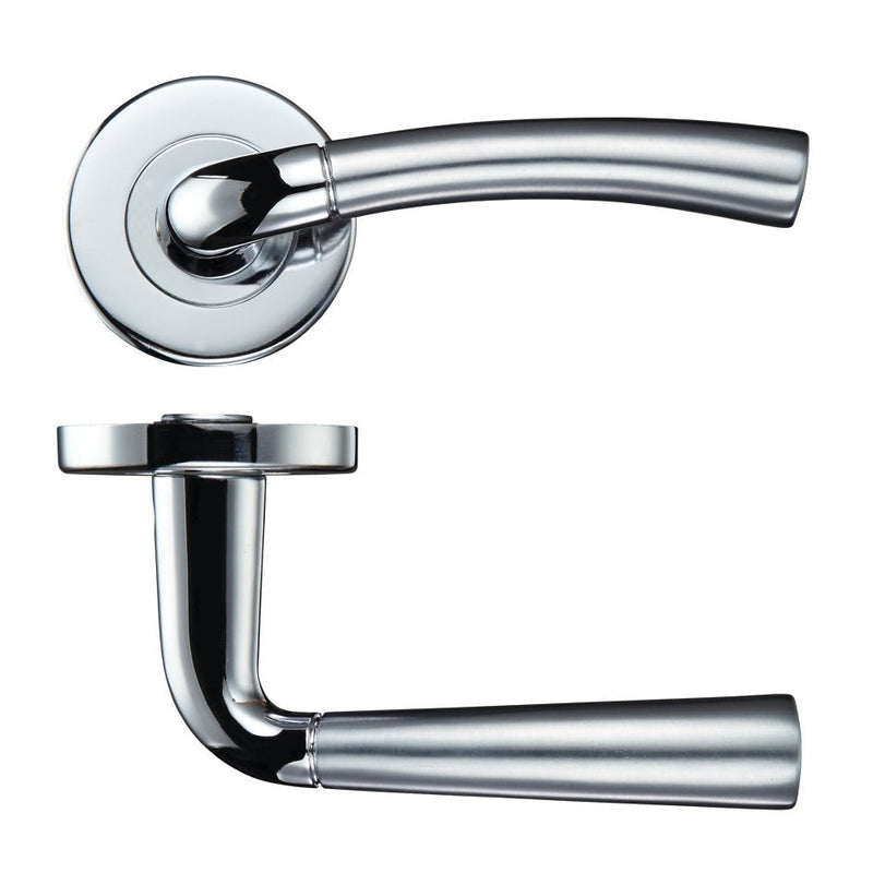 Zoo Hardware Girona Lever - Push On Rose in polished chrome, featuring a curved handle design and a circular rose. The lever has a smooth finish and a modern shape that complements contemporary door styles.
