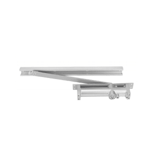 Zoo Hardware Spare Fixing Pack To Suit ZDC003C for Concealed Overhead Door Closer in silver, featuring a slim design with a bracket and arm mechanism for secure installation.