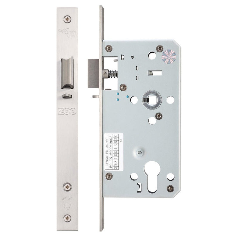 Zoo Hardware DIN Night Latch with 72mm centres and a backset of 55mm, featuring a stainless steel faceplate and a silver metal interior mechanism with a round cylinder and multiple mounting holes.