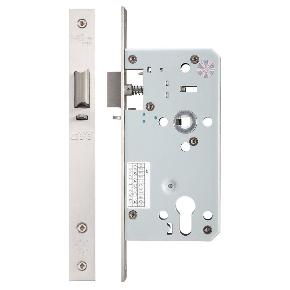 Zoo Hardware DIN Night Latch with 72mm centres and a backset of 55mm, featuring a stainless steel finish and a metallic mechanism. The latch includes a cylindrical lock feature and is designed for secure door locking.