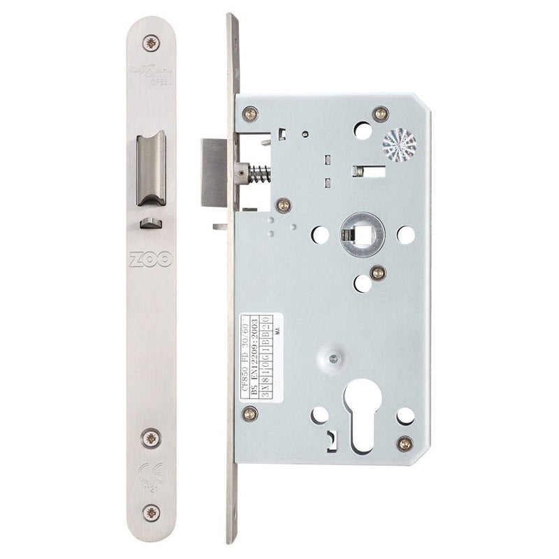 Zoo Hardware DIN Night Latch - 72mm Centres Backset 60mm featuring a stainless steel finish, with a rectangular latch body, keyhole opening, and mounted plate design.