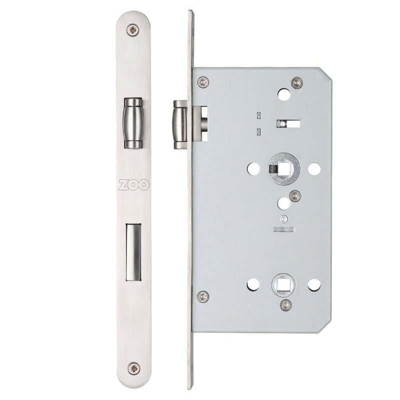 Zoo Hardware DIN Lift to Lock in a stainless steel finish with 72mm centres and a 60mm backset, featuring a sleek design and functional mechanisms suitable for door installations.