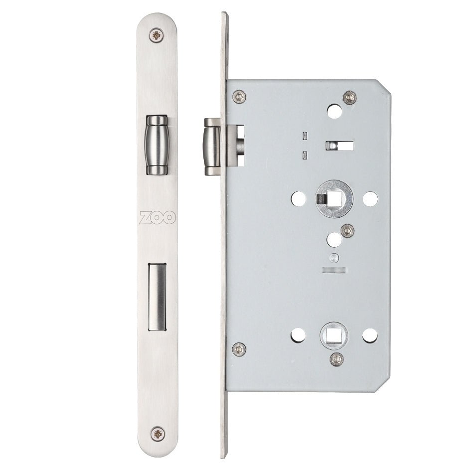 Zoo Hardware DIN Lift to Lock backset in silver, featuring a 72mm centre distance and a 60mm backset. The lock mechanism is shown attached to a metallic plate with cutouts for mounting.