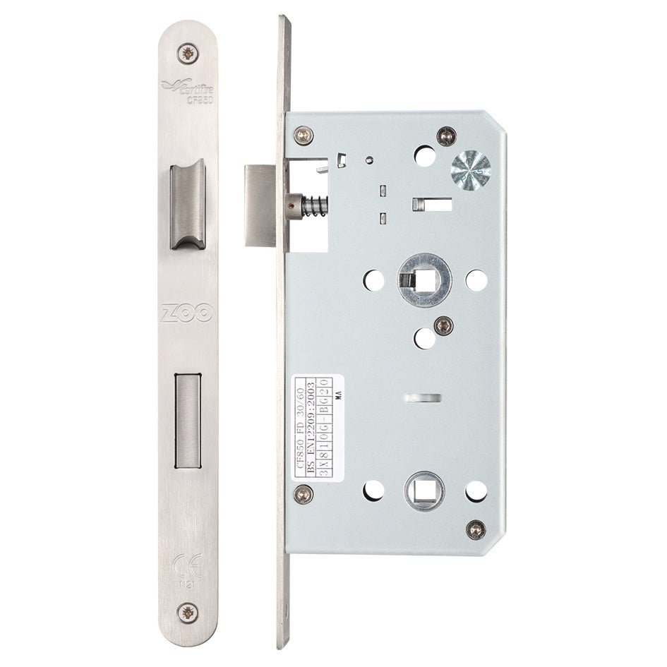 Zoo Hardware DIN Bathroom Lock with 78mm centres and a backset of 55mm, featuring a stainless steel finish and a rectangular faceplate with internal mechanism.